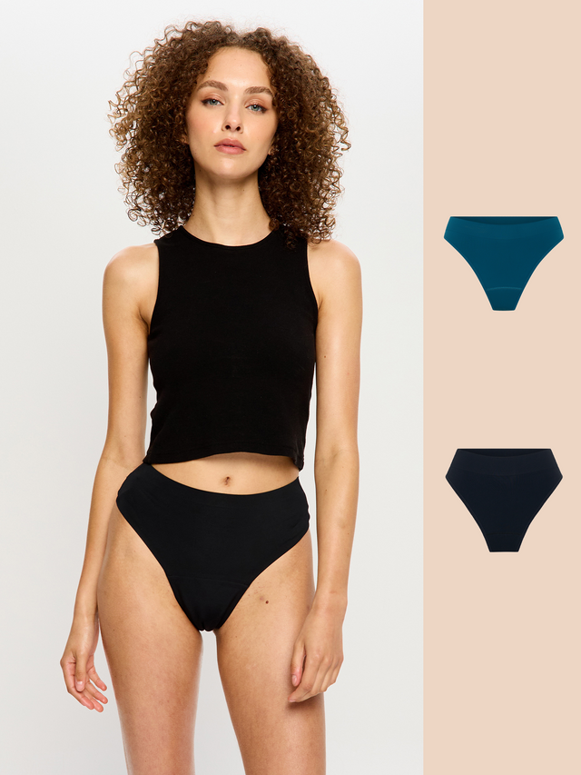 Modicomfort Seamless Hi Waist Cheeky Black & Thong Teale Blue 2 Pack