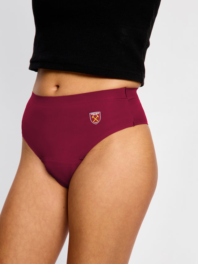 West Ham United Women X Modibodi Seamfree Hi Waist Cheeky Brief Moderate Maroon