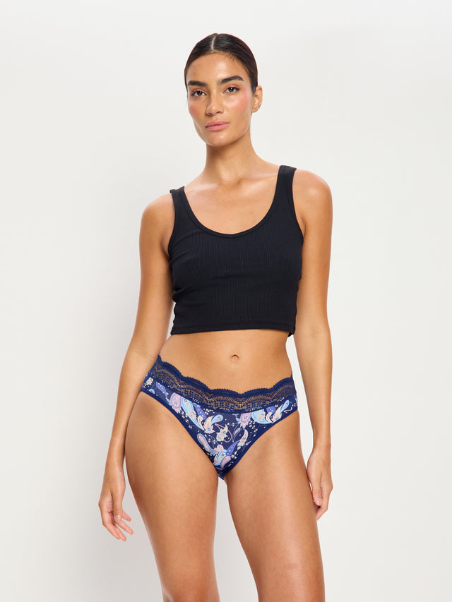 Sensual Hi Waist Bikini Moderate Opulent Paisley Navy