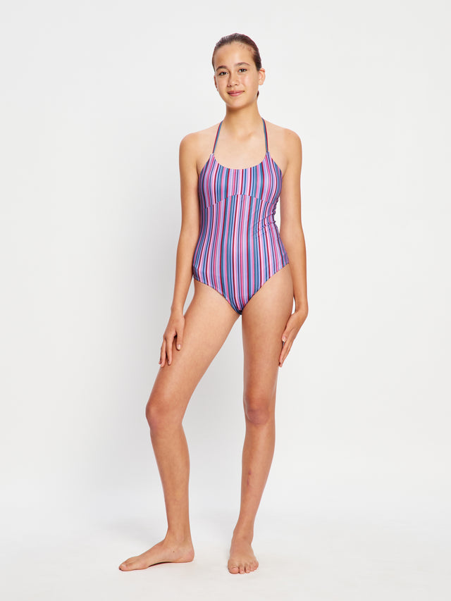 Teen Swimwear Halter One Piece Super Violet Rose Stripe