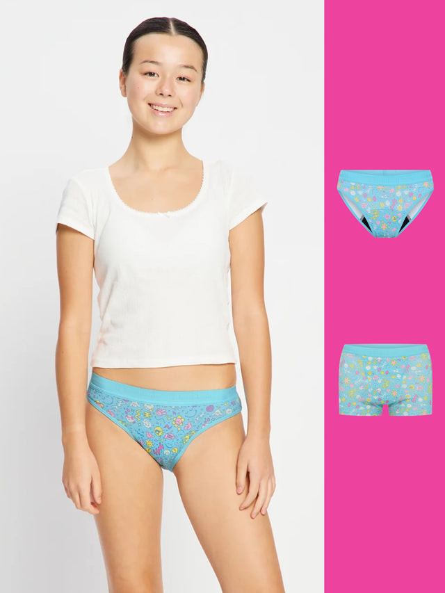 SmileyWorld® | Modibodi Teen Hipster Bikini and Hipster Boyshort 2 Pack Wonderlust Blue